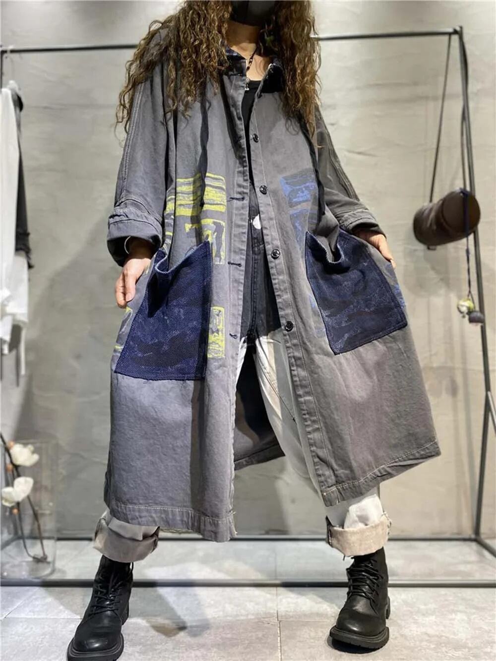 Monthorigin Wearable Art Hooded Duster Jacket Oversized Lagenlook Denim Boho L